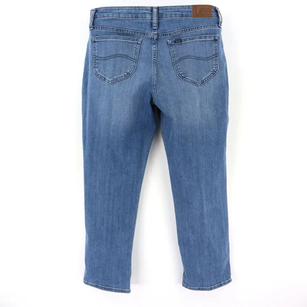 Lee Jeans Mid Rise Straight Leg Womens Size‎ 12P Blue Faded Cotton Blend Denim
